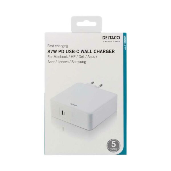 Deltaco USB-C 87W Wall Charger - White - Image 2